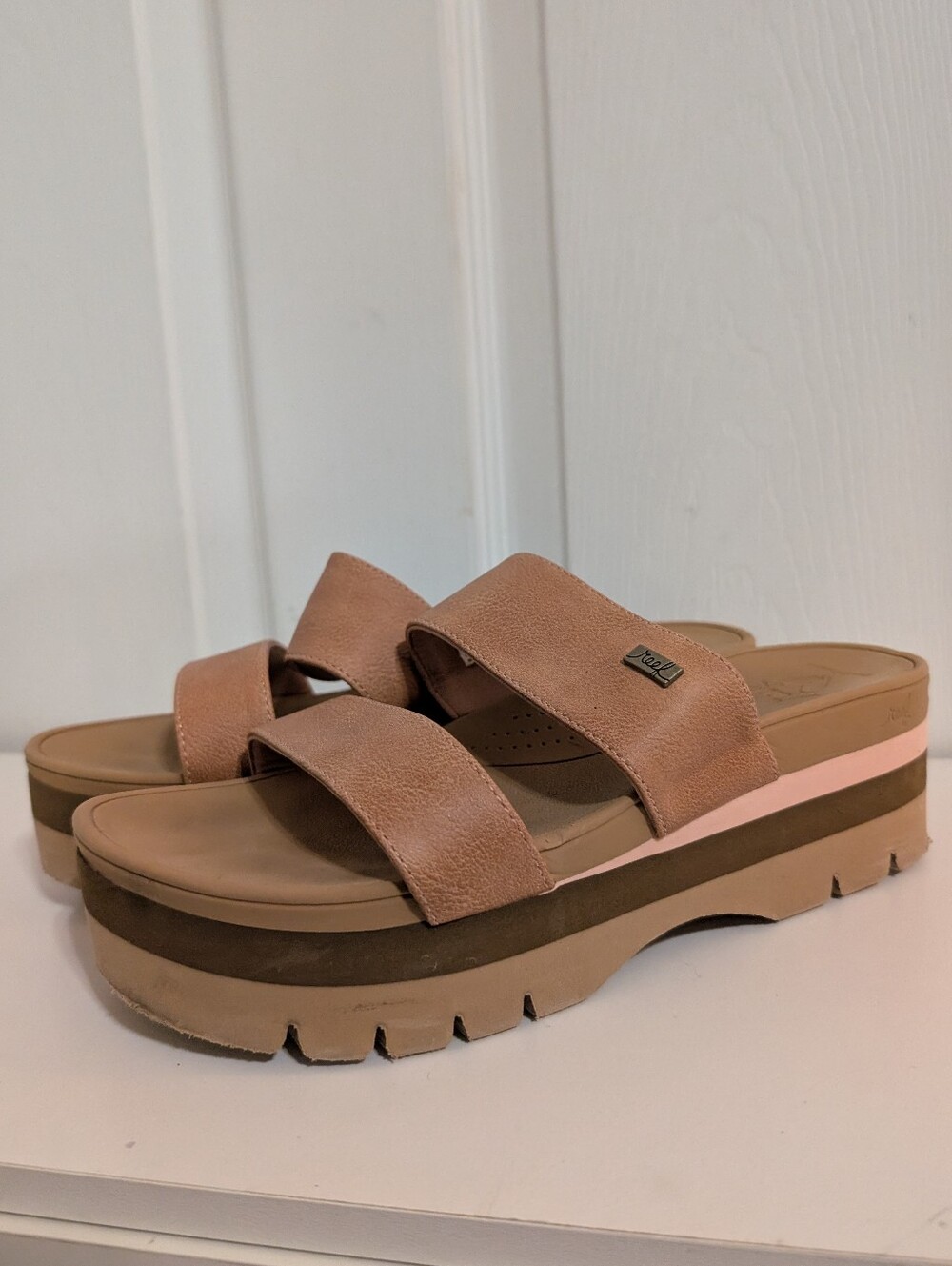 Reef Womens Sandals Banded Horizon Slide Beige Platform Size 9